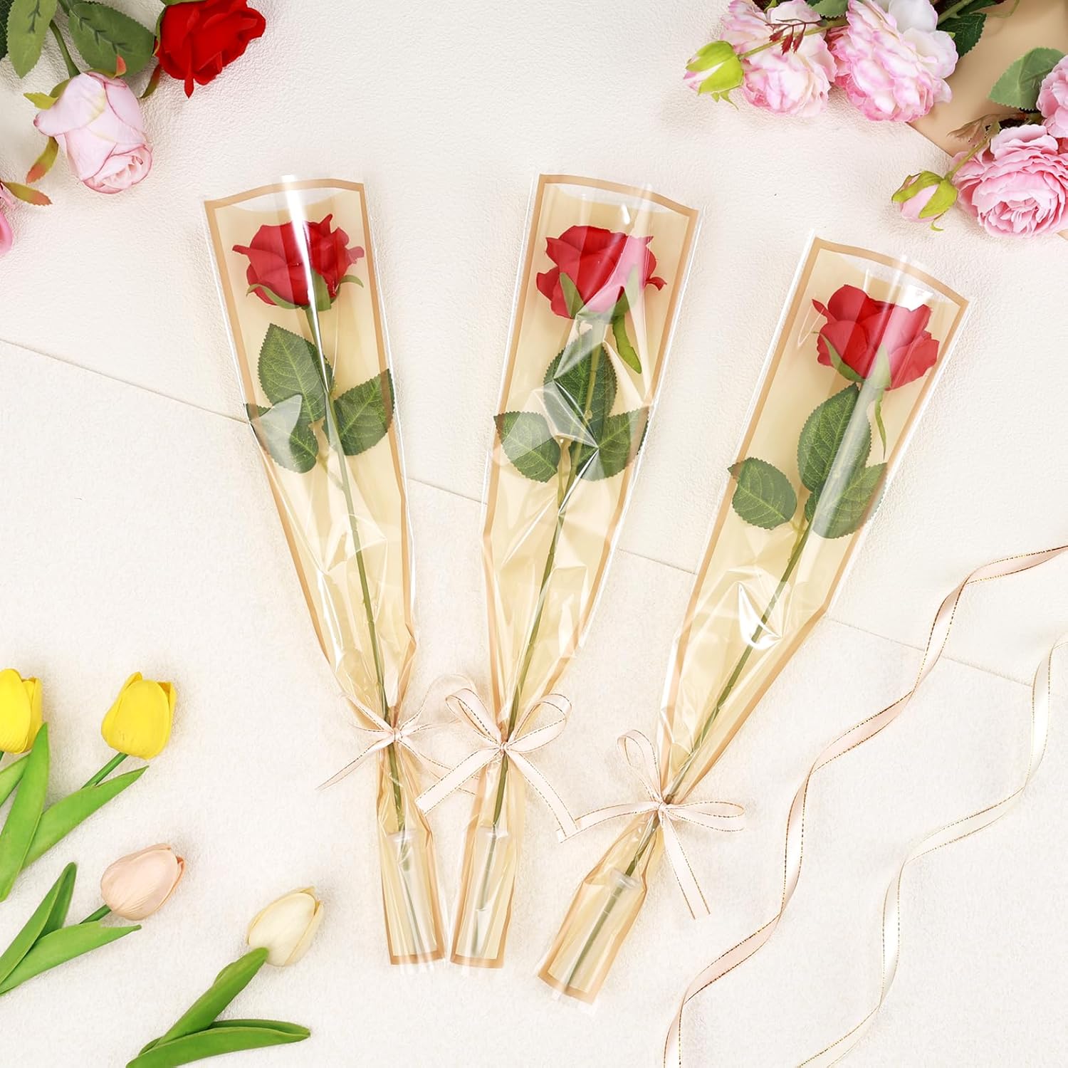 tchrules 100PCS Single Flower Bags for Bouquets, Champagne Single Rose Sleeves with Flower Water Tubes and Ribbons, Plastic Floral Wrapping Bags for Valentine's Day Mother's Day Graduation Wedding